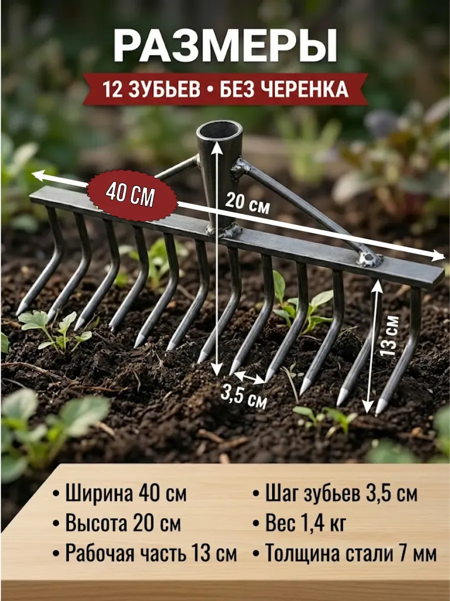Грабли садовые кованые усиленные 12 зубьев без черенка — грабли оптом, фото 2 из 4