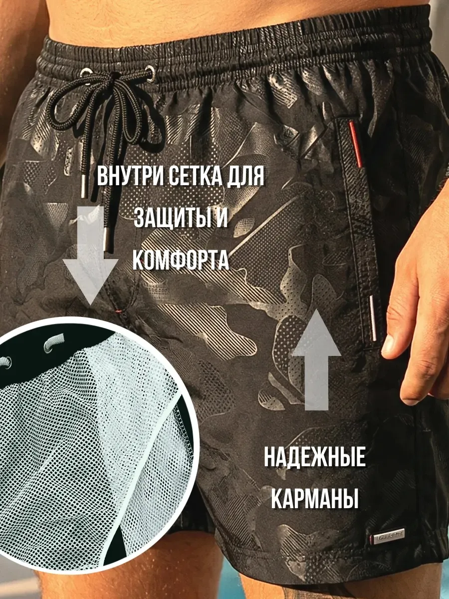 Шорты плавки для бассейна и пляжа с карманами и сеткой, черный — шорты оптом, фото 2 из 4