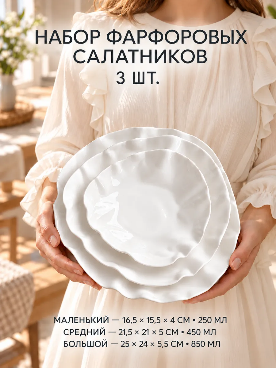 Салатники фарфоровые белые, набор 3 шт для сервировки стола, белый, арт. T2D62S31 — салатники оптом, фото 3 из 4