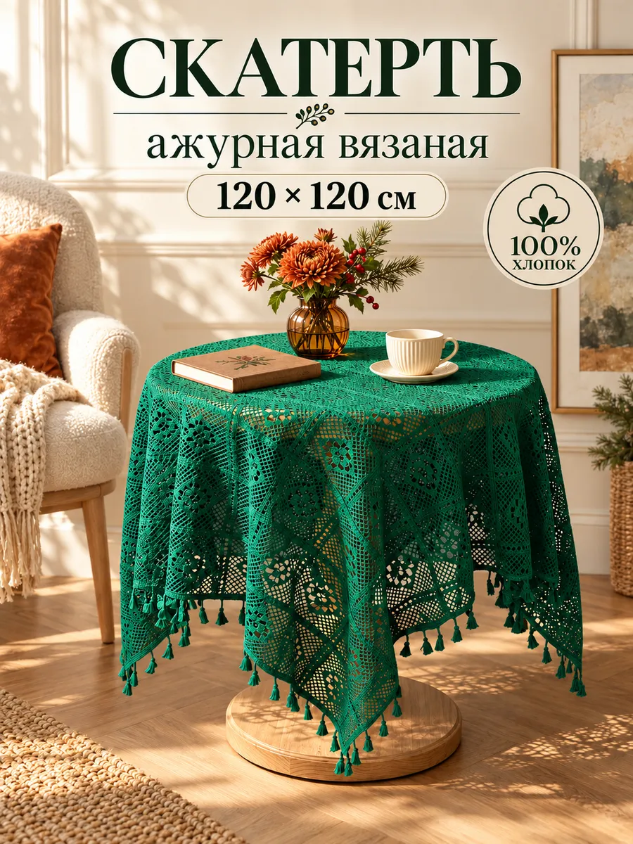 Скатерть ажурная на стол праздничная кружевная 120х120см — скатерти оптом, фото 1 из 4