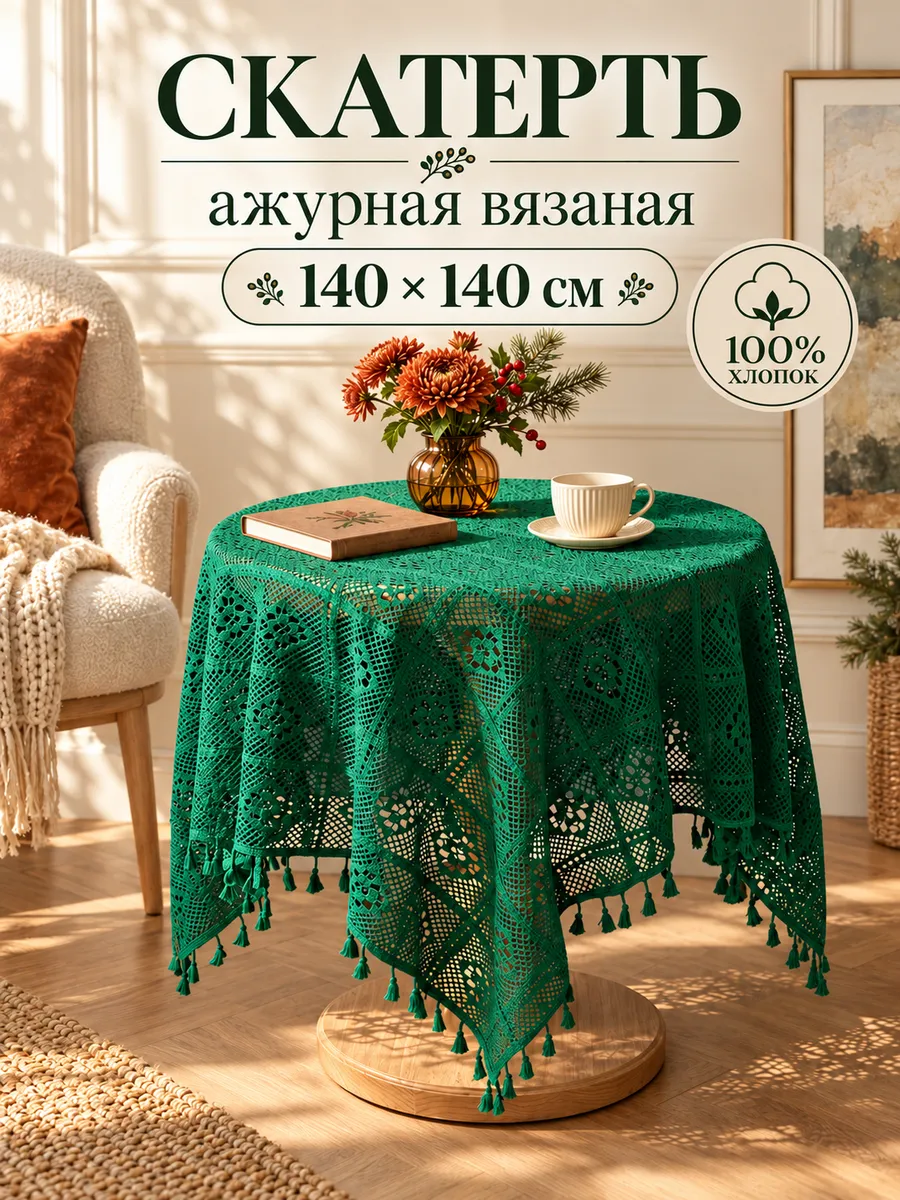 Скатерть ажурная праздничная на стол кружевная 140х140 — скатерти оптом, фото 1 из 4