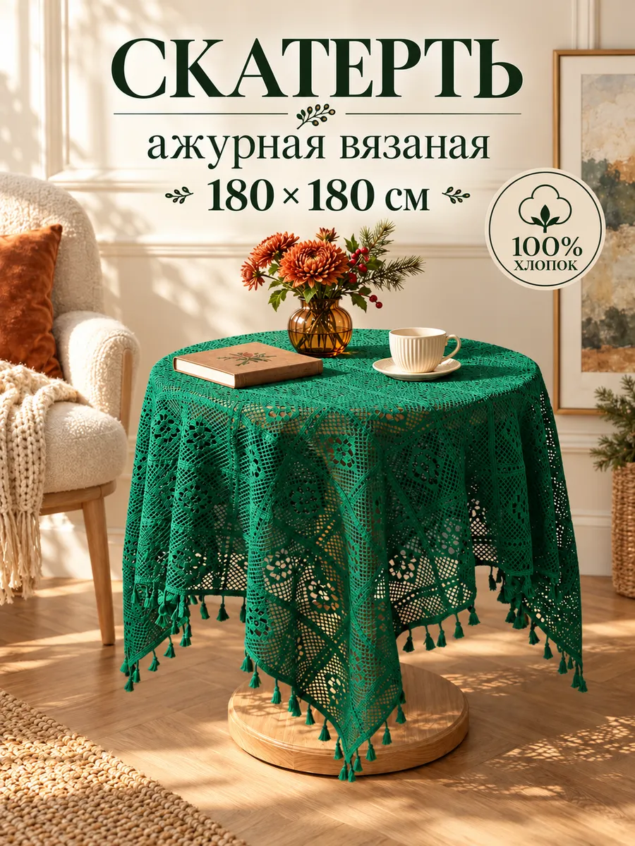 Скатерть ажурная зеленая на стол кружевная 180х180 — скатерти оптом, фото 1 из 4