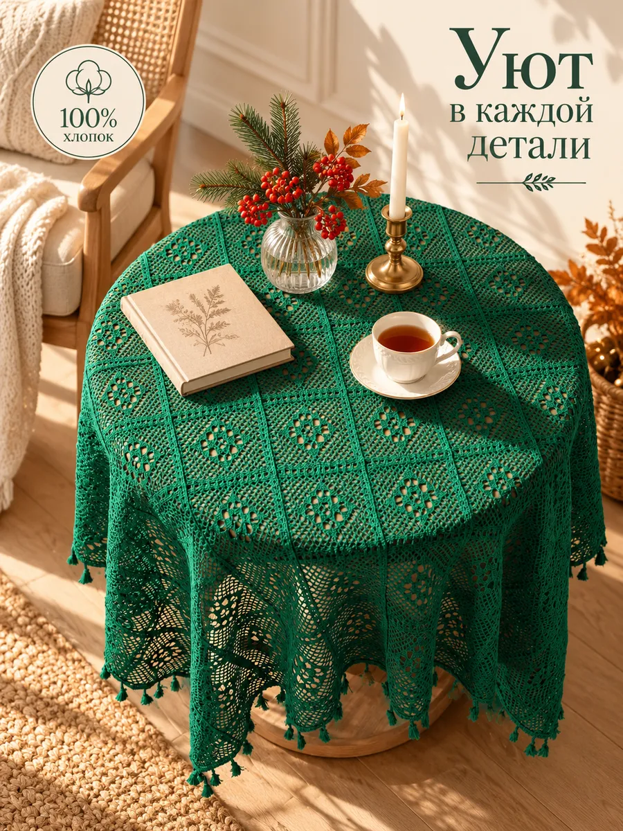 Вязаная Скатерть ажурная текстильная 140*220см — скатерти оптом, фото 3 из 4